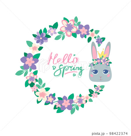 Cute wreath of flowers with a gray princess bunny. Hello spring Green and pink lettering letters. Cartoon style. Vector print on textiles for children, cards, tshirts, packaging, template Cute wreath of flowers with a gray princess bunny. Hello spring Green and pink lettering letters. Cartoon style. Vector print on textiles for children, cards, tshirts, packaging, template 98422374