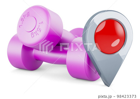 Neoprene dumbbells with map pointer. 3D rendering Neoprene dumbbells with map pointer. 3D rendering 98423373