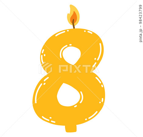 Candle number eight in flat style. Hand drawn vector illustration of 8 symbol burning candle, design element for birthday cakes 98423799
