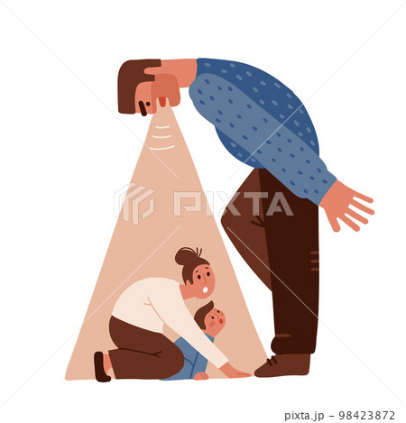 Distraught and furious husband yell and threaten mother and crying child. Mom protecting the child. Domestic violence, abusive relationships, harassment in family. Flat hand drawn vector illustration. 98423872