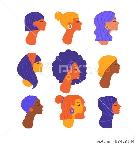Set of female profile portraits or heads of woman characters. Various nationality. Blonde, brunette, redhead, african american, asian, muslim, european. Collection of avatars. Vector flat hand drawn Set of female profile portraits or heads of woman characters. Various nationality. Blonde, brunette, redhead, african american, asian, muslim, european. Collection of avatars. Vector flat hand drawn 98423944