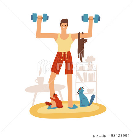 Attractive young man doing a home workout. tree naughty cats are sitting on hin and diverting. The guy lifts a dumbbells. Funny Home workout. Vector flat illustration. Attractive young man doing a home workout. tree naughty cats are sitting on hin and diverting. The guy lifts a dumbbells. Funny Home workout. Vector flat illustration. 98423994