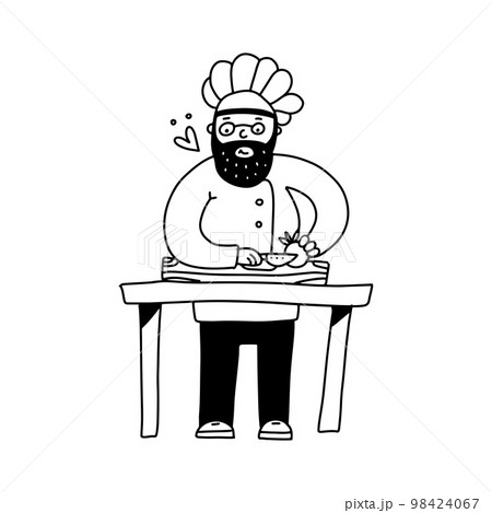 A cute kind chef in a cap cutting vegetables on a cutting board. Cook male character vector illustration. A cute kind chef in a cap cutting vegetables on a cutting board. Cook male character vector illustration. 98424067