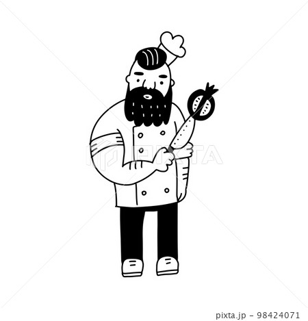 Brutal hand drawn bearded chief with knife and pomegranate. Cool doodle vactor illustration n black and white. 98424071