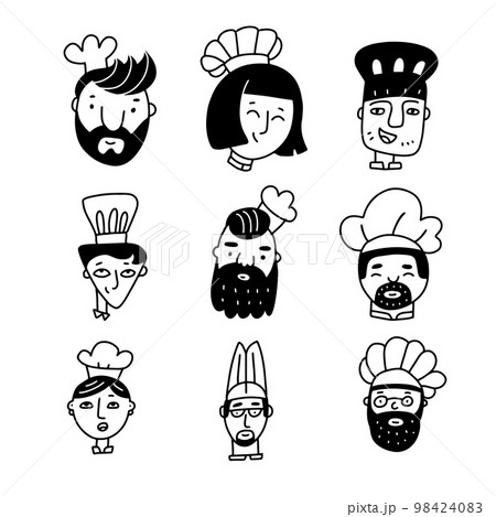 Set of chef cooks cartoon faces handdrawn in doodle style. Male and female characters in in a chef s hat. Simple vector illustration. Set of chef cooks cartoon faces handdrawn in doodle style. Male and female characters in in a chef s hat. Simple vector illustration. 98424083