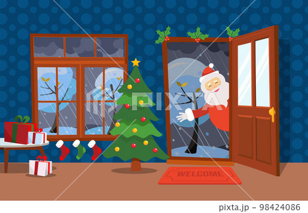 Flat wind illustration cartoon style. Open door and window overlooking the snow-covered trees. Christmas tree, tables with gifts in boxes and Christmas stockings inside. Santa Claus looks in doorway Flat wind illustration cartoon style. Open door and window overlooking the snow-covered trees. Christmas tree, tables with gifts in boxes and Christmas stockings inside. Santa Claus looks in doorway 98424086