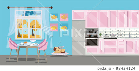 Flat illustration Kitchen set of pink color on blue background with cat dog ang kitchen accessories: fridge, oven, microwave. Dining table by window with tea and teapot. outside the window is autumn. Flat illustration Kitchen set of pink color on blue background with cat dog ang kitchen accessories: fridge, oven, microwave. Dining table by window with tea and teapot. outside the window is autumn. 98424124