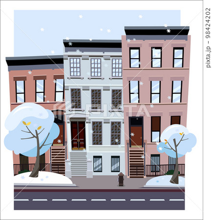 Nonlinear houses look out of the picture. Flat cartoon style vector winter city street. Tree houses flying snowflakes. Street cityscape. Day city landscape with snow-covered trees in the foreground 98424202