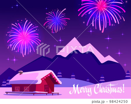 Flat vector illustration of fireworks over the mountain landscape with a one-story country house. Greeting card with the inscription merry christmas in purple-pink colors. Holiday at the ski resort. Flat vector illustration of fireworks over the mountain landscape with a one-story country house. Greeting card with the inscription merry christmas in purple-pink colors. Holiday at the ski resort. 98424250