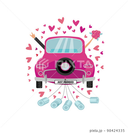 Newlywed couple is driving vintage pink car for their honeymoon and cans attached. Bride groom car with hand with bouquet sticking out of window . Vector flat cartoon round concept with many hearts 98424335