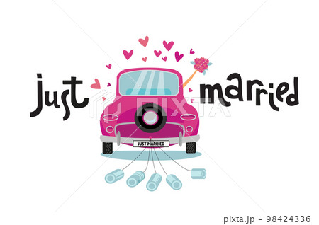 Newlywed couple is driving vintage pink car for their honeymoon with just married lettering sign and cans attached. Bride groom car with hand with bouquet sticking out of window . Vector flat cartoon 98424336