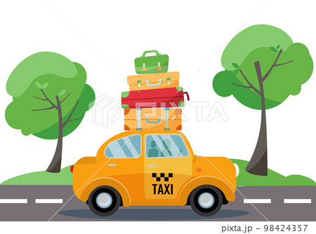 yellow taxi car with a stack of suitcases and luggage on the roof tpo drives on the road. Summer Landscape with green trees. Side view of the vehicle. Vector flat cartoon illustration 98424357