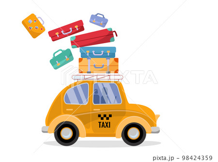 A little cute yellow taxi is in such a hurry that it loses the suitcases lying on the roof. yellow public passenger vehicle. taxi dride fast. Vector flat cartoon illustration on white background 98424359