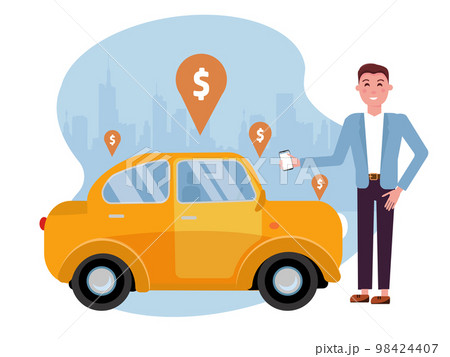 Man requesting ride on cell phone. Rent a car using mobile app. Online carshering concept. Side view of car on background of silhouette of city and geolocation sign.Vector flat cartoon illustration Man requesting ride on cell phone. Rent a car using mobile app. Online carshering concept. Side view of car on background of silhouette of city and geolocation sign.Vector flat cartoon illustration 98424407