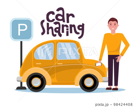 Attractive young man holding mobile phone rents a car in the parking lot online. New yellow car stands at the parking sign. Carsharing concent. Vector flat cartoon illustration with lettering. Attractive young man holding mobile phone rents a car in the parking lot online. New yellow car stands at the parking sign. Carsharing concent. Vector flat cartoon illustration with lettering. 98424408