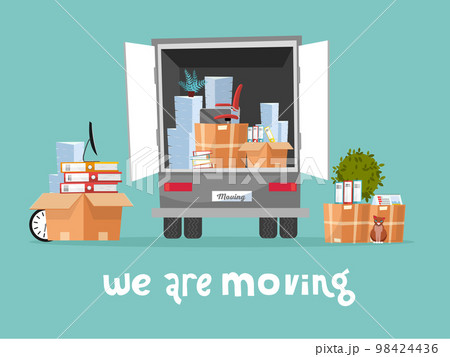 Corporate Moving into new office Concept. Business Relocation in new place. Things in Box in Truck set. Moving Furniture. Van with monitor and stacks of folders. Vector flat cartoon illustration 98424436