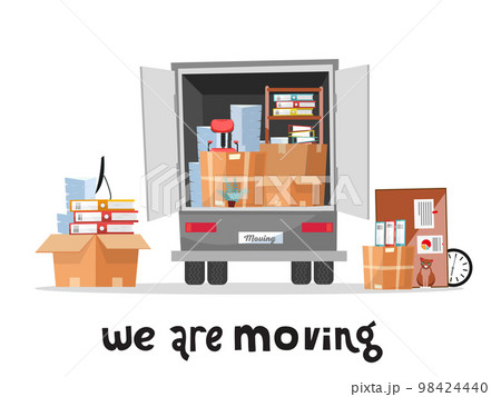 Open trunk of the truck woth stack af office things in cardboard boxes.Corporate Moving.Unloading or loading van. We are moving home concept with lettering qoute.Vector flat cartoon style illustration Open trunk of the truck woth stack af office things in cardboard boxes.Corporate Moving.Unloading or loading van. We are moving home concept with lettering qoute.Vector flat cartoon style illustration 98424440