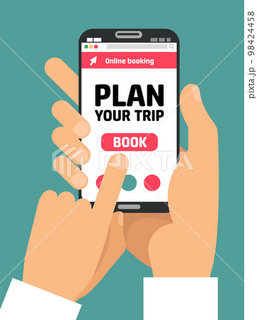 Man's Hand holding smartphone with book button on screen.Concept of online booking mobile application for renting accommodations. Plan a trip. Devices technology. .Flat cartoon vector illustration 98424458