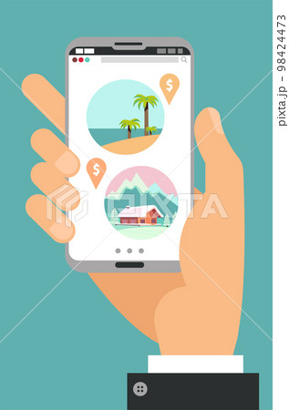 Hand holding phone with icons of travel agency, online booking concept. Choice between a beach holiday and a ski resort. Sea vs mountain. Flat cartoon vector illustration. 98424473