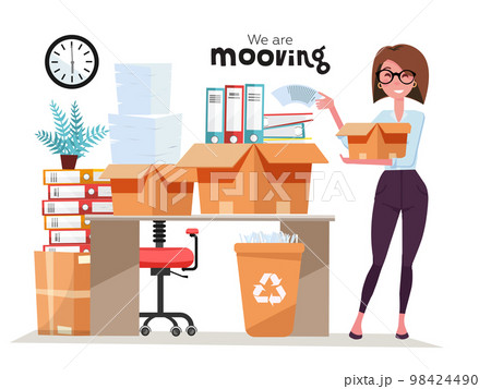 Successful smiling business woman holding cardboard box with work stuff, stack of folders at office moving. Office moving job concept. Vector flat style illustration isolated on white background. Successful smiling business woman holding cardboard box with work stuff, stack of folders at office moving. Office moving job concept. Vector flat style illustration isolated on white background. 98424490