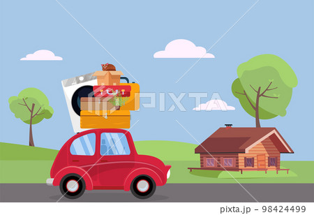 Moving concept. Red vintage car with suitcases, washing machine and plant on roof driving to wooden house. Flat cartoon vector illustration. Car Side View with stack of furniture, luggage. Moving home 98424499