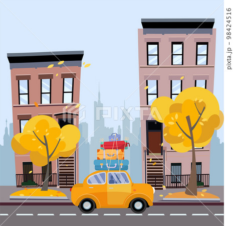 Yellow car with suitcases on the roof against background of autumn cityscape. City landscape with small houses, silhouette of multi-storey buildings with yellow trees.Flat cartoon vector illustration. 98424516