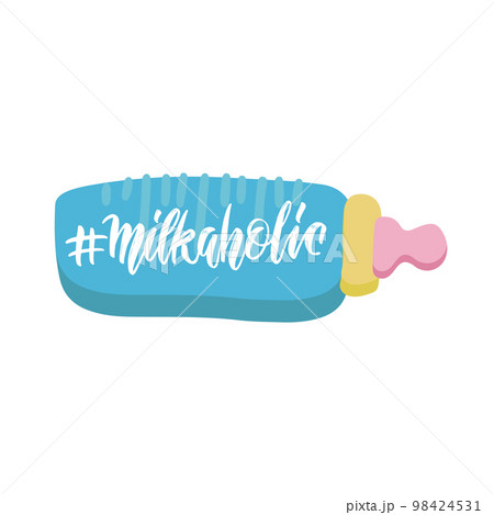Hand written phrase Milkaholic on baby bottle. Handdrawn inspirational brush lettering. Free hand stylized saying for print typography, postcard, case, textile, t shirt design. 98424531