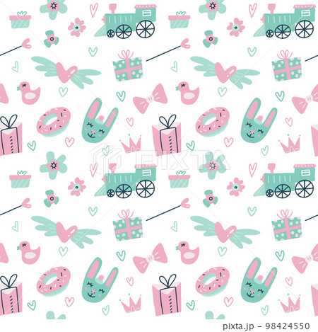 Seamless pattern with Cute rabbit, train, gift boxes. Scandinavian style flat illustration in pastel colors. Good for kids fabric, textile, nursery wallpaper and gift wrap. 98424550