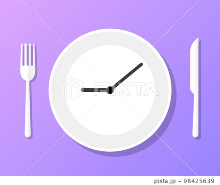 Cook time logo badge, eat plate clock time for food. Dish watch empty icon 98425639