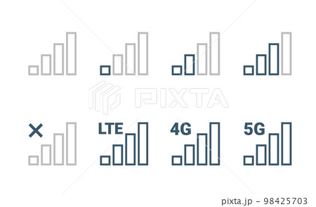 Signal strength 4g mobile phone reception bar icon. 5g signal strength level smartphone status bar Signal strength 4g mobile phone reception bar icon. 5g signal strength level smartphone status bar 98425703