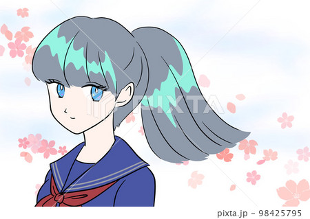 新学期を迎えるセーラー服を着た女学生　桜舞い散る　青空　晴天　イラスト　入学式　卒業式 98425795