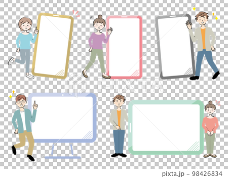 休閒裝中的設備/個人電腦和男女鏡架 微笑 休閒裝中的設備/個人電腦和男女鏡架 微笑 98426834