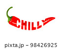 Color illustration of red chili pepper. Hot capsicum, red pepper for label design. One continuous line drawing with chili pepper lettering. 98426925