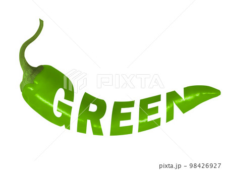 Color illustration of green chili pepper. Hot capsicum, green pepper for label design. One continuous line drawing with chili pepper lettering. 98426927