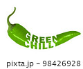 Color illustration of green chili pepper. Hot capsicum, green pepper for label design. One continuous line drawing with chili pepper lettering. 98426928