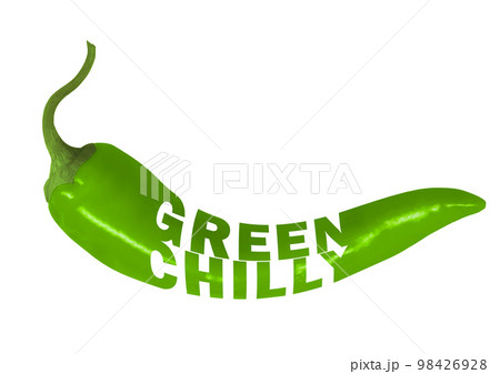 Color illustration of green chili pepper. Hot capsicum, green pepper for label design. One continuous line drawing with chili pepper lettering. 98426928