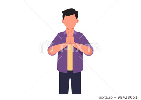 Business concept design of young businessman in closed eyes praying hands together. Trendy person holding palms in prayer. Human emotion, body language gesture. Vector illustration flat cartoon style 98428061