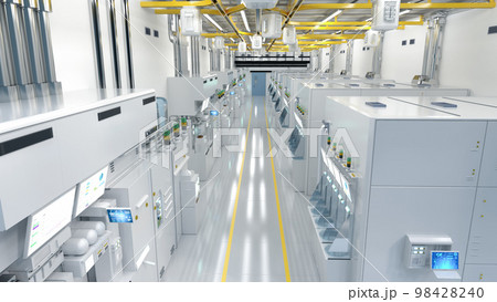 White futuristic semiconductor manufacturing factory or laboratory interior with machine and computer screen 98428240