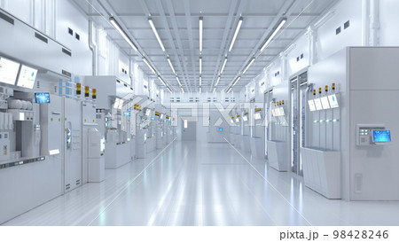 White futuristic semiconductor manufacturing factory or laboratory interior with machine and computer screen 98428246