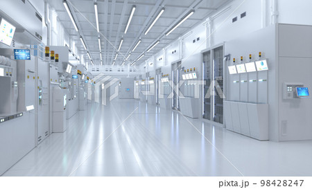 White futuristic semiconductor manufacturing factory or laboratory interior with machine and computer screen 98428247