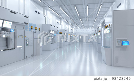 White futuristic semiconductor manufacturing factory or laboratory interior with machine and computer screen 98428249
