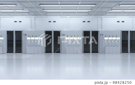 White futuristic semiconductor manufacturing factory or laboratory interior with machine and computer screen 98428250