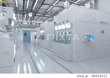 White futuristic semiconductor manufacturing factory or laboratory interior with machine and computer screen White futuristic semiconductor manufacturing factory or laboratory interior with machine and computer screen 98428252