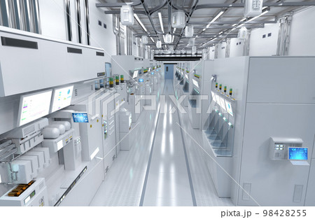 White futuristic semiconductor manufacturing factory or laboratory interior with machine and computer screen 98428255