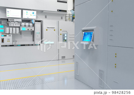 White futuristic semiconductor manufacturing factory or laboratory interior with machine and computer screen 98428256