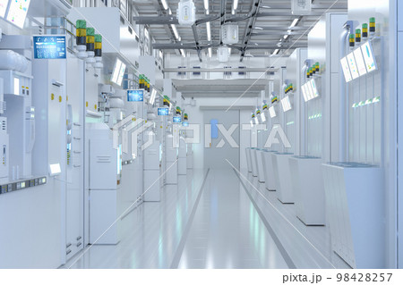 White futuristic semiconductor manufacturing factory or laboratory interior with machine and computer screen 98428257