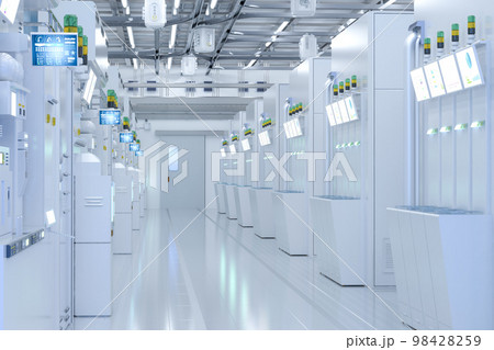 White futuristic semiconductor manufacturing factory or laboratory interior with machine and computer screen White futuristic semiconductor manufacturing factory or laboratory interior with machine and computer screen 98428259