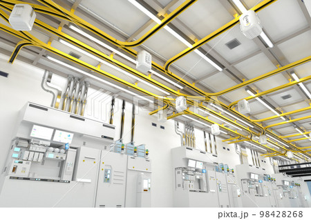 White futuristic semiconductor manufacturing factory or laboratory interior with machine and computer screen 98428268