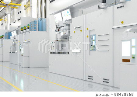 White futuristic semiconductor manufacturing factory or laboratory interior with machine and computer screen 98428269