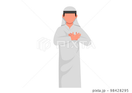 Business flat cartoon style drawing Arab businessman keeping hand on chest. Male suffering from chest pain or hearts attack. Health care. Emotion and body language. Graphic design vector illustration 98428295